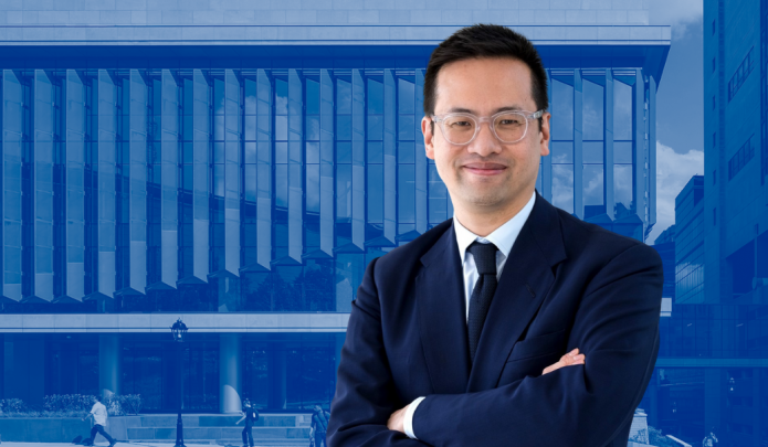 Smiling headshot of Quoc-Dien Trinh over a blue-toned photo of the West Wing of Alan Magee Scaife Hall.