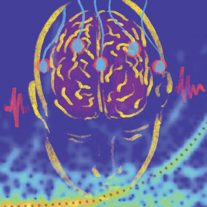 Illustration depicting electroencephalogram (EEG) electrodes tracking the brain's response to sound. Illustrated by: Phoebe Ingraham Renda.