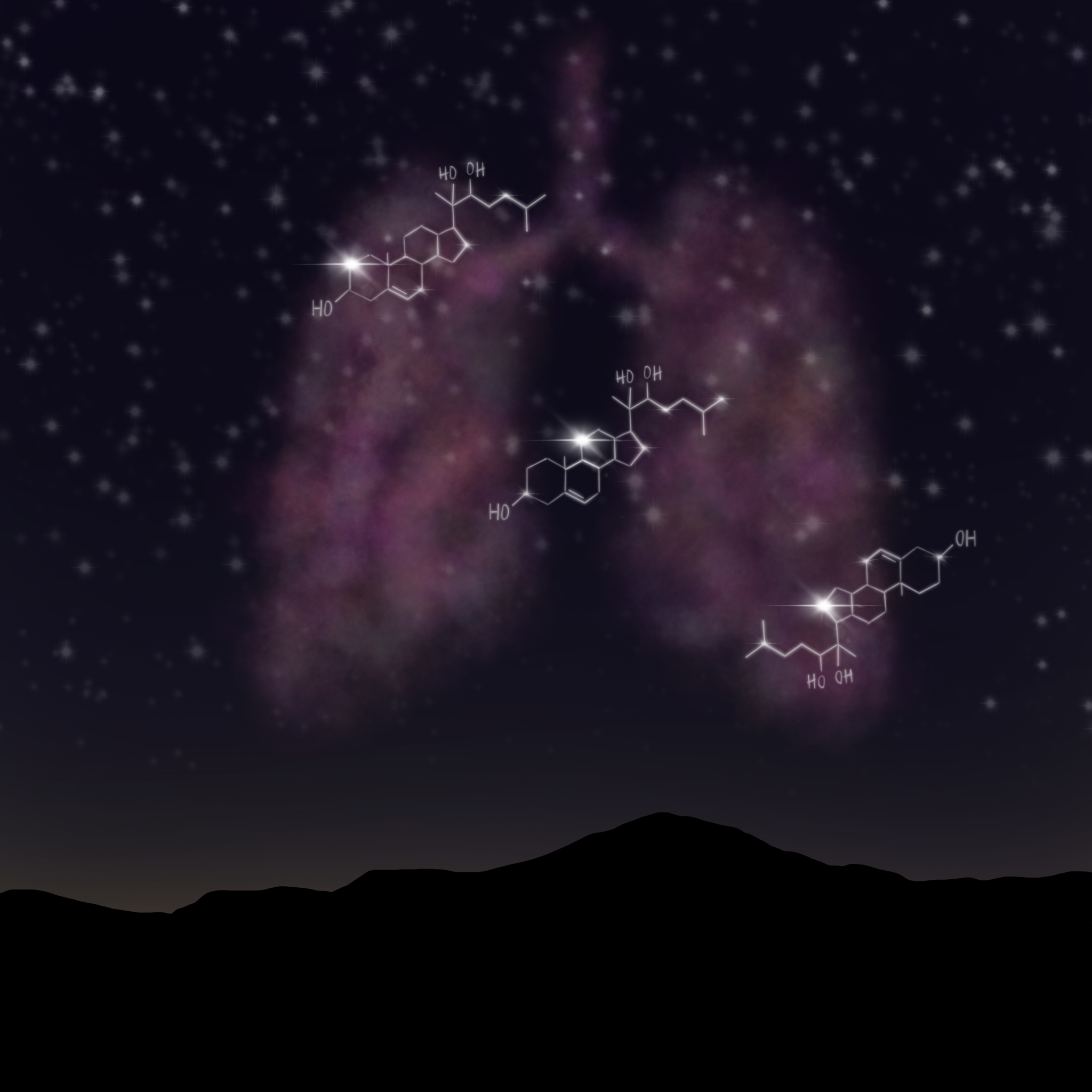 Illustration of oxysterol constellations in alignment in front of nebular lungs and starry night sky. Illustrated by Phoebe Ingraham Renda.