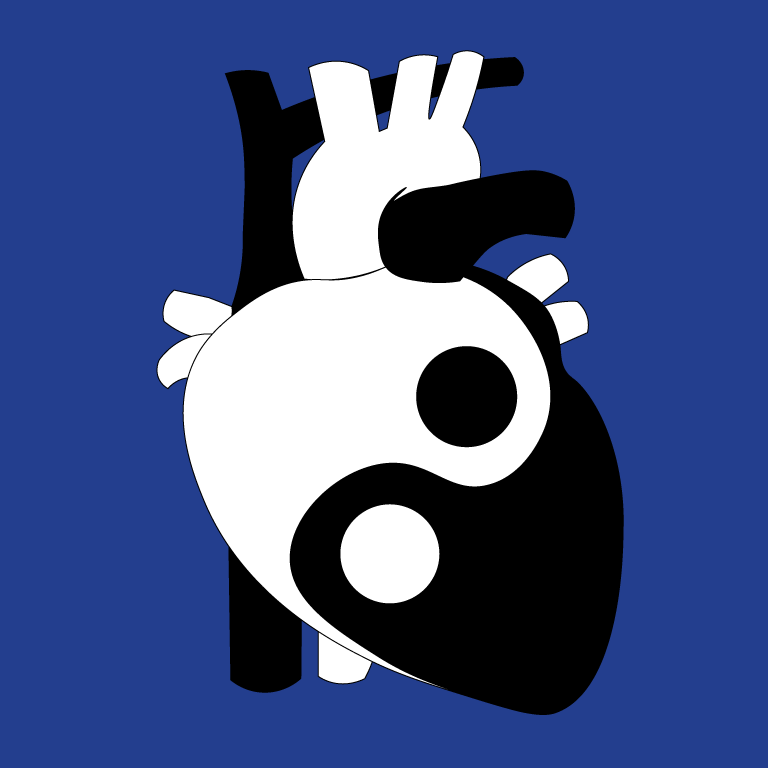 Illustration of a heart featuring a yin-yang symbol, representing the delicate balance of healing in heart transplants.  